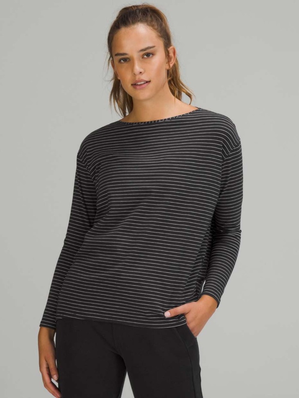 Lululemon Back in Action Long Sleeve Shirt In Synchronise Stripe Black White